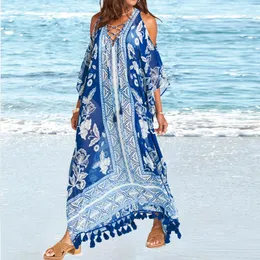 Damen-Bademode, schulterfrei, Quaste, Bikini-Vertuschungen, Badeanzug, übergroßes Chiffon-Strandkleid, Saida de Praia, Tuniken, Kaftan, zum Binden