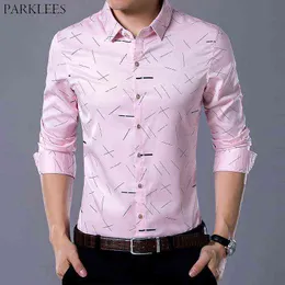 Men's Fashion Geometric Lines Print Shirt 2021 Spring New Slim Fit Long Sleeve Dress Shirt Business Casual Wedding Chemise Pink G0105