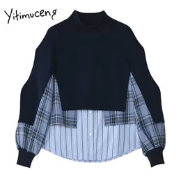 Yitimuceng Bluzka Kobiety Patchwork Fałszywe Dwa Odzież Błękitna Kraina kraty Koreański Moda O-Neck Button Up Koszulki Wygodne Łączone 210601