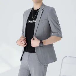 (Jacka + byxor) Sommar Mäns Half Sleeve Wedding Suit Male Luxury Brand Slim Casual Gray Tuxedo 2-Piece Suit Masculino Smocking X0909
