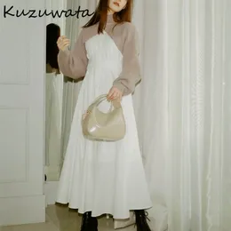 Kuzuwata Höst Vestidos Mode Kvinnor Robes Stickad Långärmad Sjal Stand Krage Drawstring Slim Waist Dresses 2st Sets 211101
