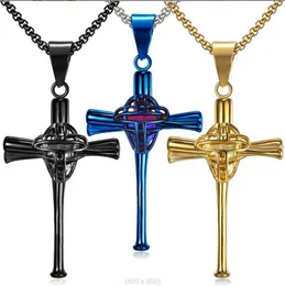 Titanium Sport Accessories Baseball silver Bat Cross Pendant Necklace Catchers Mask and Chain set gold black steel stainless