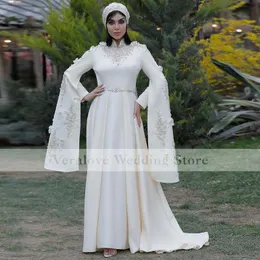 2021 Spitze Applikationen Arabische Abendkleider Naher Osten Satin Abendkleid Marokkanisches Kaftan Weißes muslimisches Abaya-Kleid