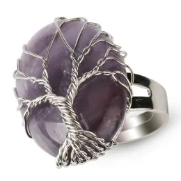 Ovala reiki natursten finger ringar silverfärg träd av liv wire wrapped resizable kvinnor ring trendiga smycken fest