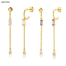 Andywen 925 Sterling Silver Gold Purple Vit Zircon Drop Earring Piercing Crystal CZ OhRringe Smycken för kvinnor 210608