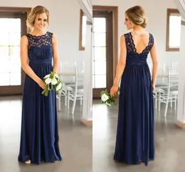 2021 Bridesmaid Dresses Billiga Land för bröllop Navy Blue Jewel Neck Lace Appliques Golvlängd Plus Storlek Formell Maid of Honor Gowns Dress