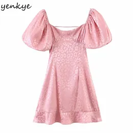 Yenkye Sexy Backbloble Розовое леопардовое платье женщины квадратная шея слоеная рукава высокая талия A-line мини-вечеринка платья летом Vestido Mujer 210316