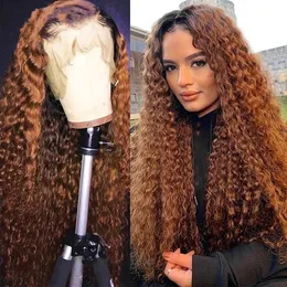 180% densitet Ombre Brown Kinky Curly Frontal Wig Brazialian Full Lace Front syntetiska peruker för svarta kvinnor