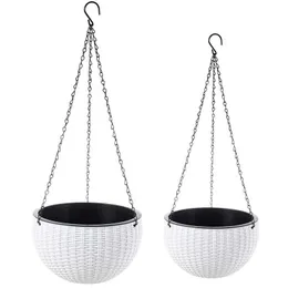 2-pack dual-pots design hängande korg planterare självvattnande inomhus utomhus växt blomma hängande krukor med dränering och kedja y0910