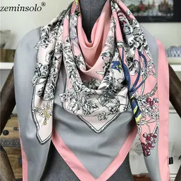 Kadınlar için 130 * 130 cm Atkılar Çiçek Baskılı Ipek Eşarp Büyük Kare Atkılar Kadın Bandana Moda Başörtüsü Kerşir Şallar Q0828