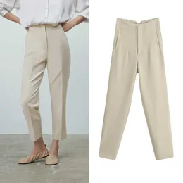 Za Women Trousers Suits High Waisted Pant Spring Fashion Office Lady Beige Elegant Casual Pants Pantalon Pour Femme 211006