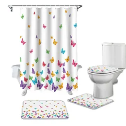 シャワーカーテンカラフルな蝶のカーテンセットノンスリップラグトイレの蓋カバーとバスマットの防水バスルーム