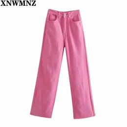 Xnwmnz wome forma larga perna rosa jeans vermelho feminino chique cintura pockts botão botão zip mosca cheia calças lady calça 210708