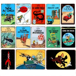 2021 Classic Tintin Catoon Movie Targa in metallo Targa in metallo Vintage Wall Art Poster Pittura in ferro Bar Caffè Camera dei bambini Pin up Wall Craft Home Decor