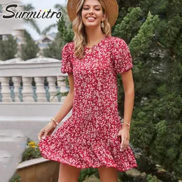 SURMIITRO Women Summer Mini Dress Fashion Vintage Red Floral Print Short Sleeve Tunic Beach Party Sundress Female 210712