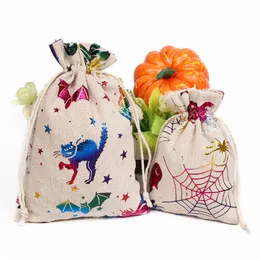 Candy Drawstring Bag Treat Candies Gifts Wrap Cotton Cloth Pouch Bat Cat Spider Web Witch Butterfly Skull Halloween Jewelry Packaging Bags Decoration TR0076