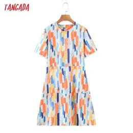 Tangada Women Print Romantic Dress Short Sleeve Back Zipper Females Mini Dresses Vestidos RB24 210609