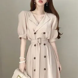 Koreansk sommarstil retro temperament lapel dubbelbröst över knäet lång spets-up midje kontor shopping för kvinnor klänning 210602