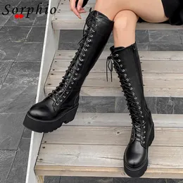 Boots Woman Lace Up Knee High Platform Wedges Quality Fashion Casusal Shoes Goth Girls