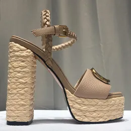 Été mode tissage sandales pour femmes chaussure de qualité supérieure Lafite herbe en cuir véritable 13CM chaussures à talons hauts plate-forme Designer sexy sandale pour femmes