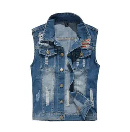 Lyxig jeansväst för män Lapelhals Cowboyjacka Mode med trasiga hål Västar Kappa 10 färg Vintage väst Herr Kvinnor Ärmlösa Jeansjackor Streetwear Plus Size M-5XL