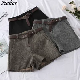 Heliar Wide Ben Woolen Casual High Midja med bälten Elegant ull Shorts för kvinnor Höst 210317