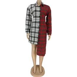 Anjamanor Street Style Casual Loose Plaid Patchwork Asymmetrisk tröja Klänning Kvinnor Plus Storlek Sexig Långärmad Klänningar D13-DB26 Y0118