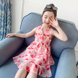 Girls Flower Casual Dress 2021 New Summer Children's Print Princess Dress Children's Clothing Girl Sleeveless High Neck Dress Q0716