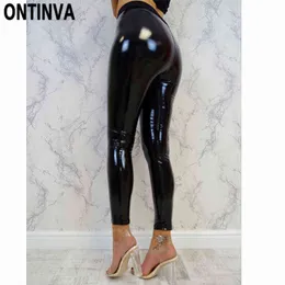 Siyah Wetlook Kadınlar Için Tayt Push Up Up Leggings Ince Parlaklık Yüksek Bel Legins Femme Sonbahar Kış Faux Deri S M L XL Mujer Pantolon 211117