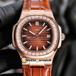 2021 Sport 5711 5711-1A Asian 2813 Automatic Mens Watch D-Brown Texture Dial Rose Gold Case Big Diamond Bezel Brown Strap Watches Hello_Watch HWPP 13 Color G27A (1)