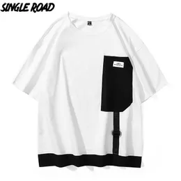 シングルロードメンズTシャツ夏のパッチワークTシャツ日本のストリートウェア原宿プラスサイズ特大Tシャツ210629