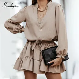 Southpire A-Line V Yaka Kısa Fırfır Mini Elbise Kadınlar Ön Düğme Moda Street Giyim Günlük Elbiseler Bayanlar Günlük Giysiler 210316