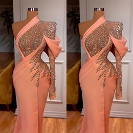 Arabisch sexy Abschlussball Kleider eine Schulter Illusion Langarm Pfirsich Kristallperlen Meerjungfrau Abendkleid Party Festzug formelle Kleider Plus Size Floor Länge 403