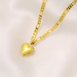 Womens Lines Heart Pendant Italian Figaro Link Chain Necklace 18k Solid Yellow Gold GF 24" 3 mm