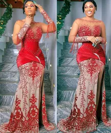 2022 Plus Size Arabic Aso Ebi Red Mermaid Sexy Prom Dresses Sheer Neck Beaded Evening Formal Party Second Reception Birthday Gowns Dress ZJ336