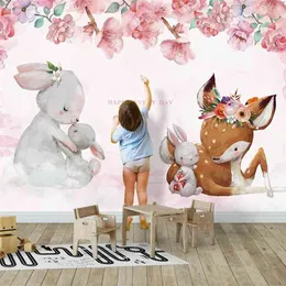 Custom vardagsrum barnrum djur po vägg dekoration målning tecknad blommig kanin väggmålning tapet för barn rum 210722