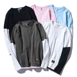 Högkvalitativ höst Spring Fashion Oversiz Fake Två delar Tshirt Mäns Långärmad Casual O Neckt-shirt för Man Top Tees 210706