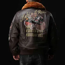 Super Fast Shipping Air Force G1 Pilot Jacka Män Varm Real Removable Fur Collar Genuine Cow Leather Coat Vintage Bomber