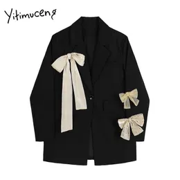 Yitimuceng Black Womens Blazer Bow Bandage Office Lady Loose Coats Jacket Fall Winter Solid Spring Fashion Streetwear 210601