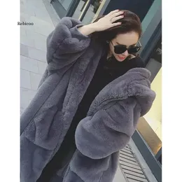 Kvinnors päls faux svart mörkgrå kappa höst vinter stor storlek lös hooded varm jacka imitera hårigt långt utkläder