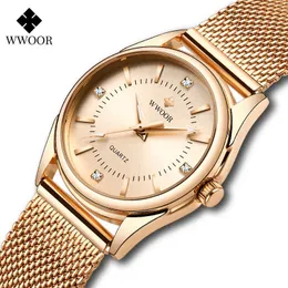 Wwoor luxo diamante mulher relógio mulheres rosa ouro pequena pulseira relógios de pulso presentes para relógio de quartzo relogio feminino 210616