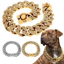 Rostfritt stål Hund Chian Collar Strång Pet Slip Choke Collar Rhinestone Dog Slip Collar för medelstora stora hundar Pitbull X0703