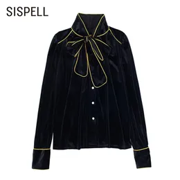 Sispellプリントゴールドサイドシャツブラウス女性パッチワークボウコットスタンドカラー長袖緩い女性のカジュアルファッション210531