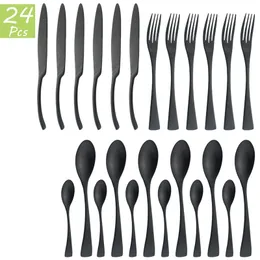 6/24Pcs Black Dinnerware Cutlery Set Stainless Steel Kitchen Tableware Set Steak Knives Fork Coffee Spoon Flatware Drop 211012