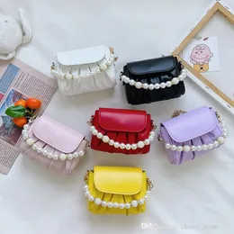 Kinder Perlen Prinzessin Handtaschen süße Mode Kinder Bonbonfarben Mini plissierte Umhängetasche Geldbörse süße Mädchen Perlen Kette Umhängetasche eine Umhängetasche F575