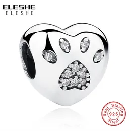 ELESHE 925 Sterling Silver Bead European Love Heart Pet Dog Paw Print Crystal Charms Fit Original Bracelet Fashion DIY Jewelry Q0531
