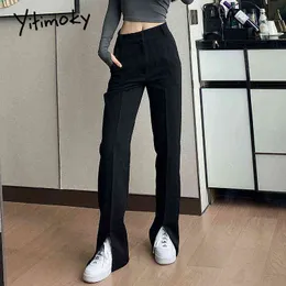 Yitimoky Yarık Bacak Siyah Flare Pantolon Kadın Ofis Bayan Tam Boy Giysi Katı Düz ​​Vintage Streetwear Work Bahar 211124