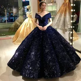 Navy Princess Ball Gown Sequin Quinceanera Klänningar Kvinnor Formell Pagant Party Gowns Off The Shoulder Robe de Soiree Elegant Long Prom Dress