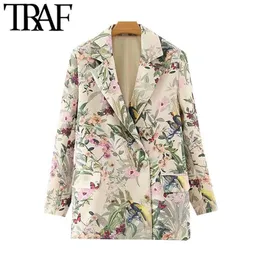 Traf Mulheres Moda Escritório Desgaste Floral Impressão Blazer Casaco Vintage Longo Manga Bolsos Feminino Outerwear Chique Tops 211122