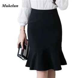 S-5XL Women Pencil Skirt Fashion OL Slim Bodycon Business Wear Ruffles Hem Mermaid Style Plus Size Ladies Office 210621